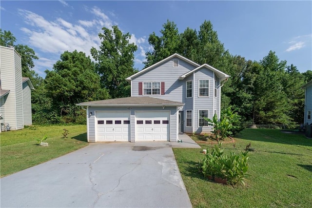 front facade with a garage and a front lawn