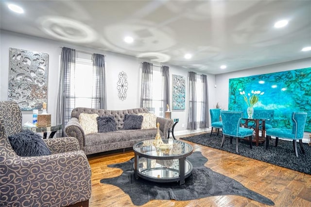 living area featuring recessed lighting and wood finished floors