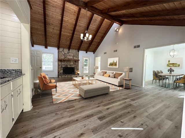 living room featuring hardwood / wood-style floors, wooden ceiling, high vaulted ceiling, a stone fireplace, and beamed ceiling