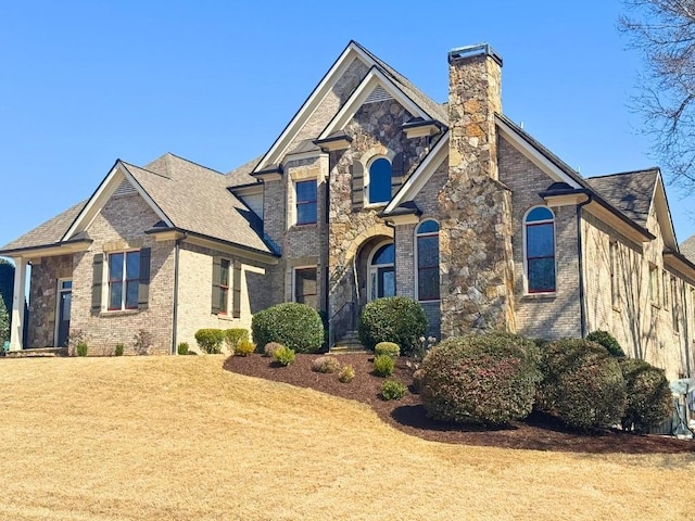 view of front facade featuring roof with shingles, brick siding, stone siding, and a chimney