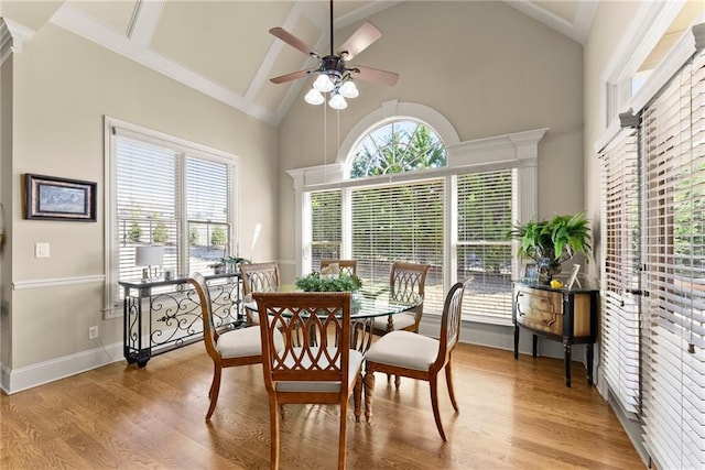 4729 Deer Creek Ct, Flowery Branch, GA 30542 - dining space featuring a ceiling fan, light wood-style floors, high vaulted ceiling, and baseboards