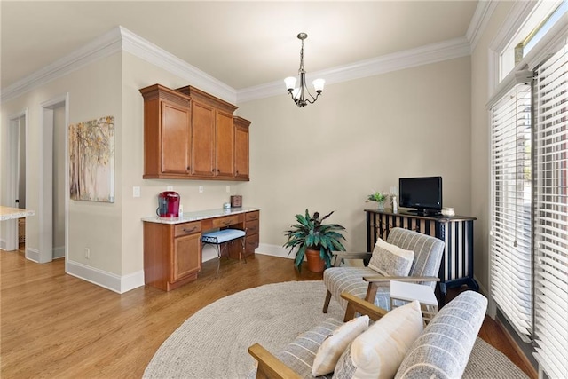 4729 Deer Creek Ct, Flowery Branch, GA 30542 - living area featuring a chandelier, light wood-style flooring, ornamental molding, baseboards, and an office area