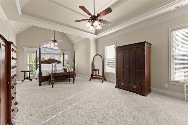 4729 Deer Creek Ct, Flowery Branch, GA 30542 - carpeted bedroom featuring multiple windows, crown molding, baseboards, a raised ceiling, and vaulted ceiling