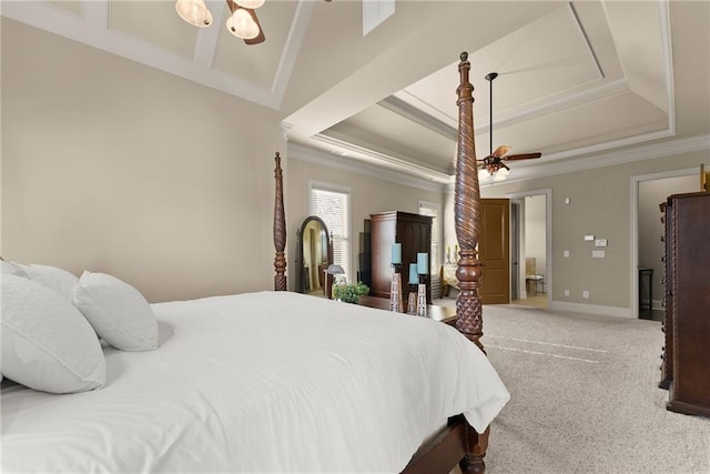4729 Deer Creek Ct, Flowery Branch, GA 30542 - carpeted bedroom with crown molding, a raised ceiling, baseboards, and a ceiling fan