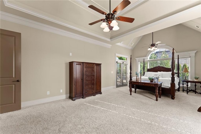 4729 Deer Creek Ct, Flowery Branch, GA 30542 - bedroom with light carpet, access to exterior, high vaulted ceiling, ornamental molding, and ceiling fan