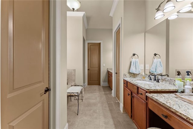 4729 Deer Creek Ct, Flowery Branch, GA 30542 - full bathroom with crown molding, vanity, tile patterned flooring, and baseboards