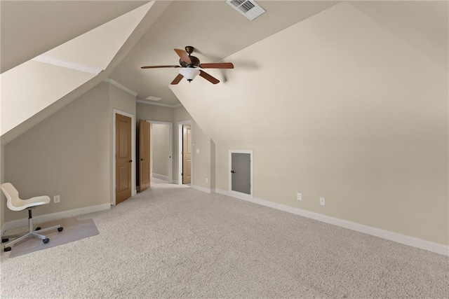 4729 Deer Creek Ct, Flowery Branch, GA 30542 - additional living space featuring a ceiling fan, light colored carpet, lofted ceiling, and baseboards