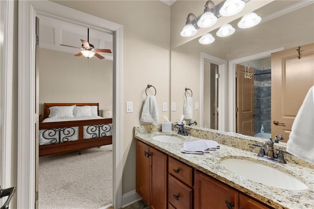 4729 Deer Creek Ct, Flowery Branch, GA 30542 - bathroom with connected bathroom, double vanity, ceiling fan, shower / bath combination, and baseboards