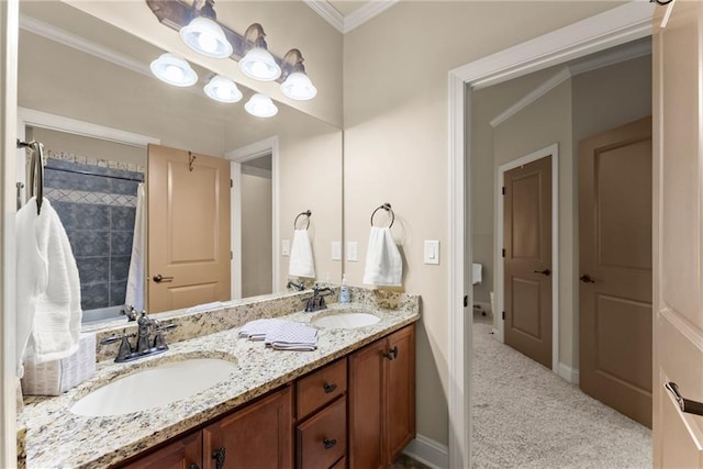 4729 Deer Creek Ct, Flowery Branch, GA 30542 - bathroom featuring ornamental molding, double vanity, a shower with shower curtain, and baseboards