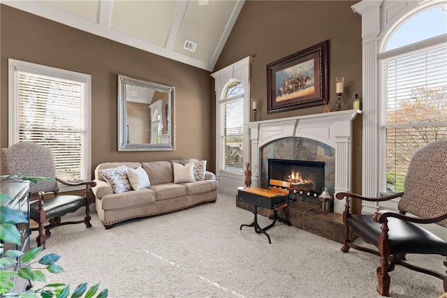 4729 Deer Creek Ct, Flowery Branch, GA 30542 - living room featuring carpet floors, a fireplace, and high vaulted ceiling