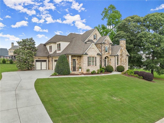 4729 Deer Creek Ct, Flowery Branch, GA 30542 - view of front of house featuring concrete driveway, a front lawn, roof with shingles, an attached garage, and stone siding