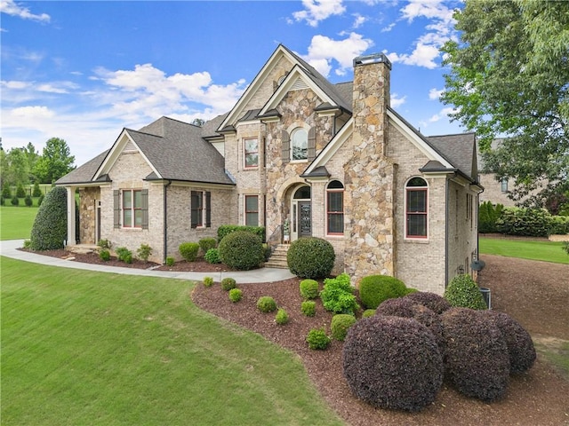 4729 Deer Creek Ct, Flowery Branch, GA 30542 - view of front facade featuring a front lawn, a chimney, roof with shingles, and brick siding