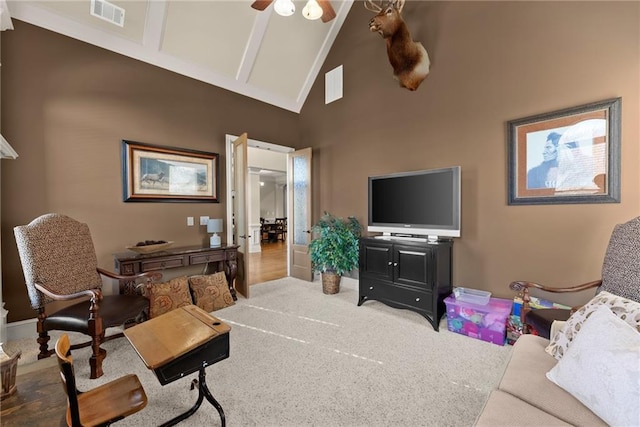 4729 Deer Creek Ct, Flowery Branch, GA 30542 - carpeted living room featuring high vaulted ceiling and ceiling fan