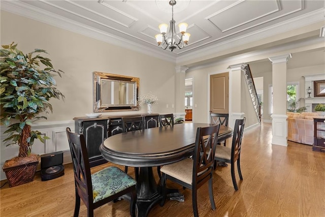 4729 Deer Creek Ct, Flowery Branch, GA 30542 - dining room featuring plenty of natural light, light wood-type flooring, decorative columns, and crown molding