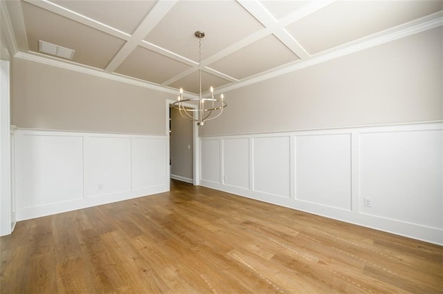 8245 Dawson View Way, Cumming, GA 30028 - unfurnished dining area featuring coffered ceiling, a decorative wall, a chandelier, light wood finished floors, and a wainscoted wall
