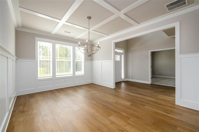 8245 Dawson View Way, Cumming, GA 30028 - unfurnished dining area featuring coffered ceiling, a chandelier, wood finished floors, a wainscoted wall, and a decorative wall