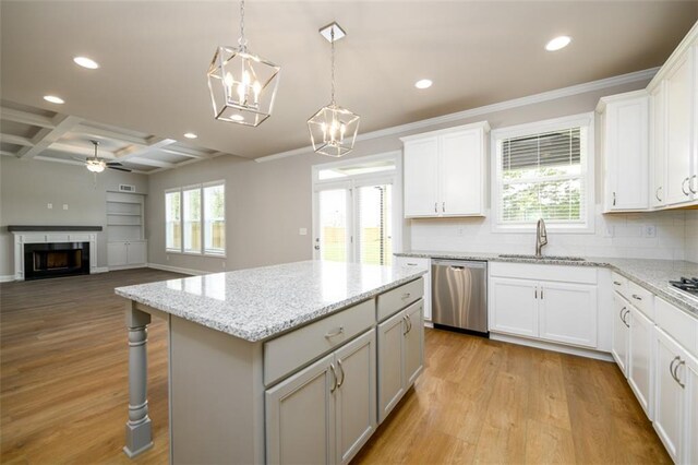 8245 Dawson View Way, Cumming, GA 30028 - kitchen with dishwasher, a sink, recessed lighting, a fireplace, and ceiling fan