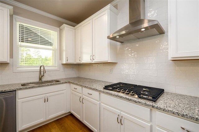 8245 Dawson View Way, Cumming, GA 30028 - kitchen with wall chimney range hood, appliances with stainless steel finishes, a sink, ornamental molding, and white cabinetry