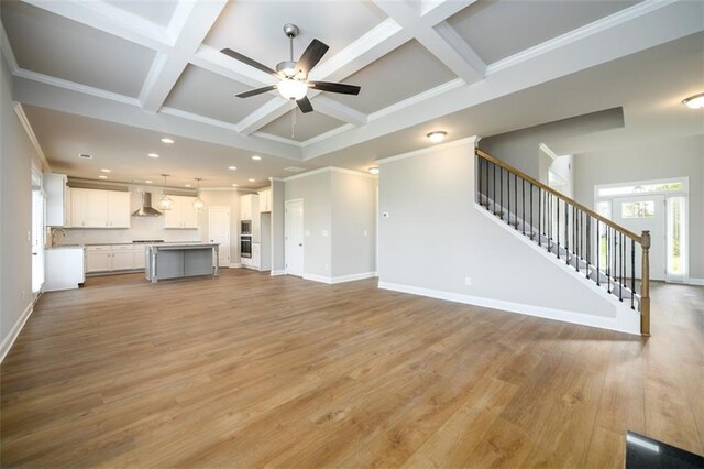8245 Dawson View Way, Cumming, GA 30028 - unfurnished living room with stairway, a ceiling fan, beam ceiling, light wood-style floors, and coffered ceiling