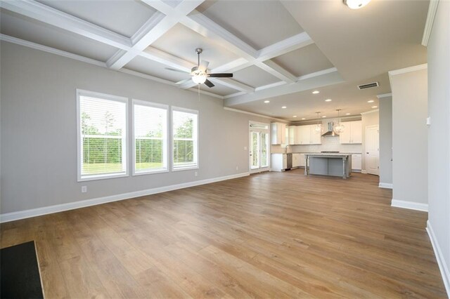 8245 Dawson View Way, Cumming, GA 30028 - unfurnished living room with a ceiling fan, baseboards, beam ceiling, coffered ceiling, and light wood finished floors