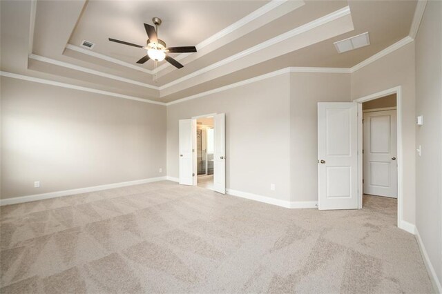 8245 Dawson View Way, Cumming, GA 30028 - unfurnished bedroom featuring a raised ceiling, carpet, crown molding, baseboards, and a ceiling fan