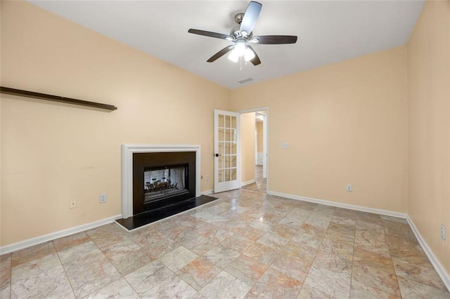5156 Amberden Hall Dr, Suwanee, GA 30024 - unfurnished living room featuring a ceiling fan, baseboards, and a fireplace with raised hearth