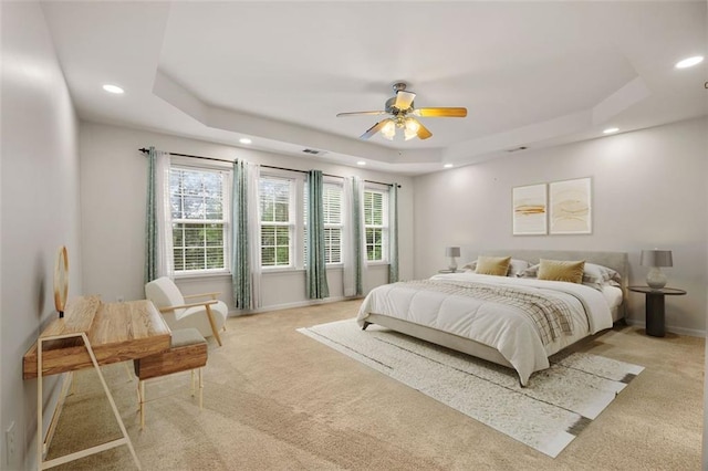 5156 Amberden Hall Dr, Suwanee, GA 30024 - bedroom featuring recessed lighting, a raised ceiling, light carpet, baseboards, and a ceiling fan