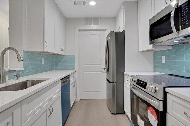 kitchen featuring decorative backsplash, white cabinetry, sink, and appliances with stainless steel finishes