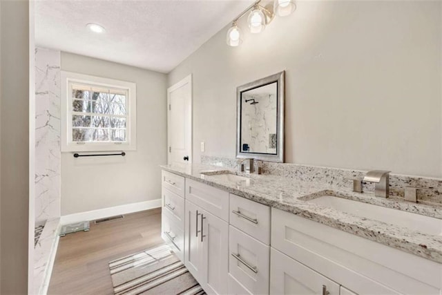 bathroom with hardwood / wood-style flooring and vanity