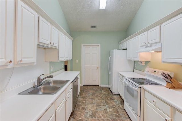 965 Under Ct, Sugar Hill, GA 30518 - kitchen with white appliances, under cabinet range hood, a sink, a textured ceiling, and white cabinetry