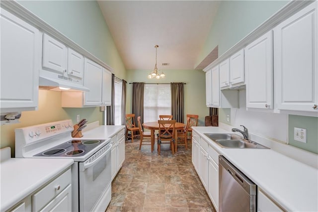 965 Under Ct, Sugar Hill, GA 30518 - kitchen with white electric range, stainless steel dishwasher, under cabinet range hood, a sink, and lofted ceiling