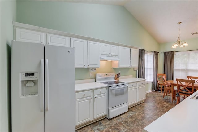965 Under Ct, Sugar Hill, GA 30518 - kitchen with white appliances, under cabinet range hood, a chandelier, white cabinets, and light countertops