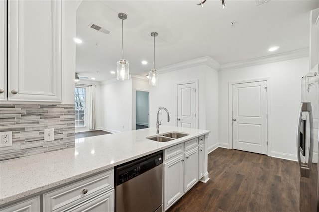 kitchen with sink, white cabinetry, hanging light fixtures, stainless steel appliances, and light stone counters