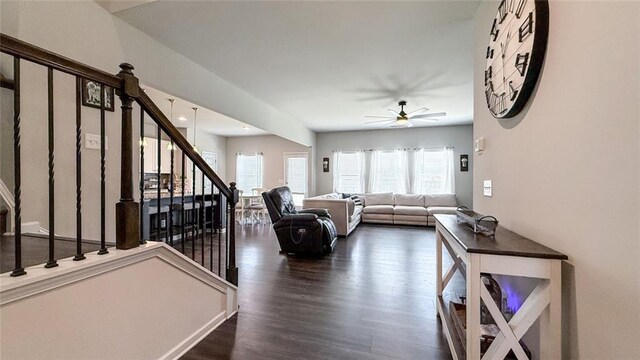 living area featuring stairway, ceiling fan, and dark wood-style flooring