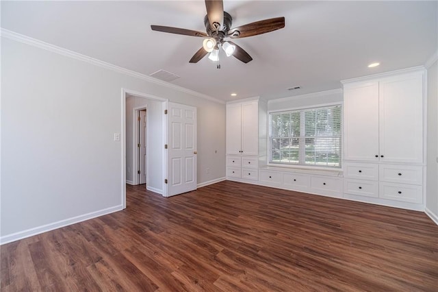unfurnished bedroom with dark wood finished floors, ornamental molding, baseboards, recessed lighting, and a ceiling fan