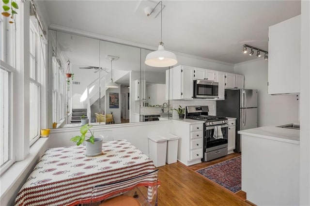 kitchen featuring stainless steel appliances, tasteful backsplash, plenty of natural light, light countertops, and crown molding