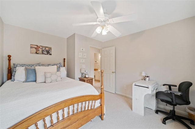 bedroom with light colored carpet and ceiling fan