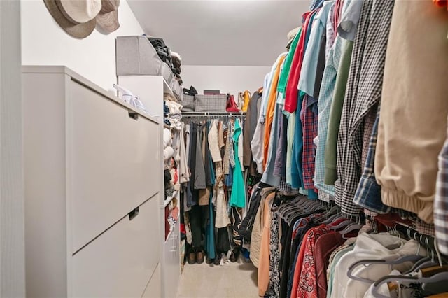 walk in closet with light colored carpet