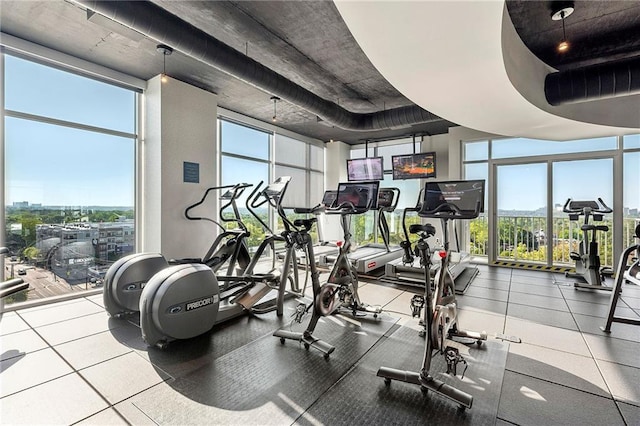 exercise room featuring floor to ceiling windows