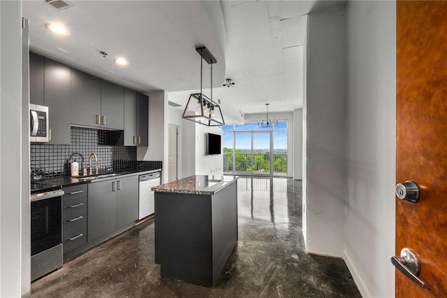 kitchen featuring stainless steel appliances, a sink, a center island, tasteful backsplash, and concrete floors