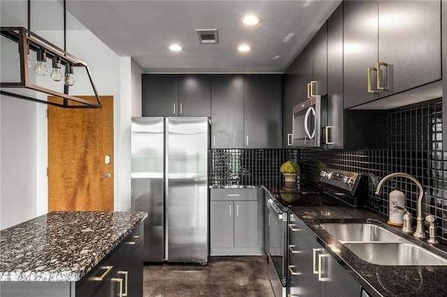 kitchen featuring appliances with stainless steel finishes, a sink, finished concrete flooring, dark stone counters, and backsplash