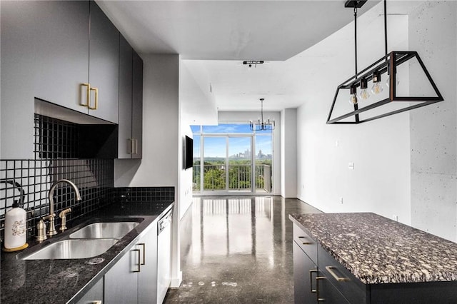 kitchen featuring a sink, backsplash, hanging light fixtures, dishwasher, and dark stone counters