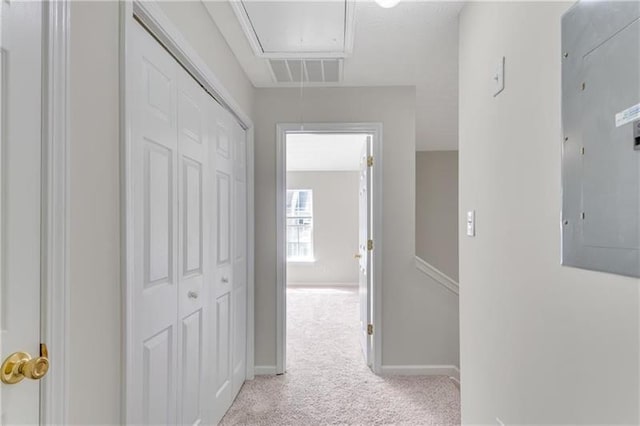 621 Kenridge Way Unit 0, Suwanee, GA 30024 - hallway with attic access, electric panel, carpet flooring, and baseboards