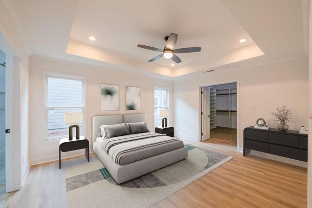 bedroom with a spacious closet, light hardwood / wood-style flooring, and a raised ceiling