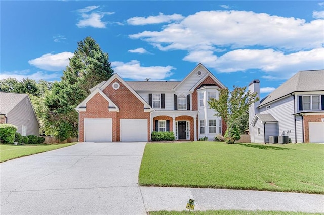 view of front of property with brick siding, driveway, a front yard, and an attached garage
