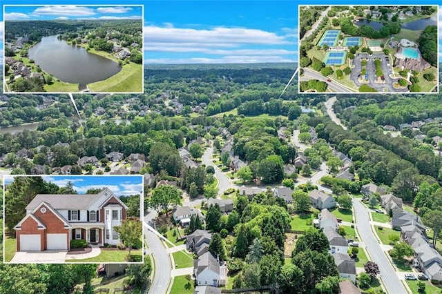 aerial view of residential area featuring a nearby body of water and property boundaries highlighted