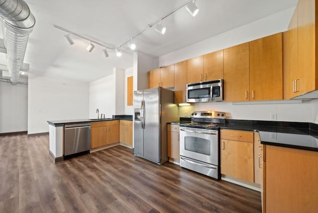 kitchen with dark countertops, appliances with stainless steel finishes, dark wood-style flooring, a peninsula, and a sink