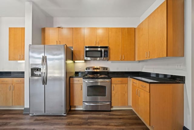 kitchen featuring stainless steel appliances, dark countertops, and dark wood-type flooring