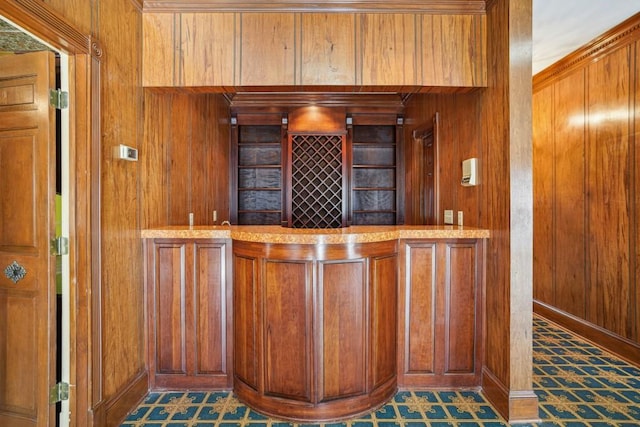 bar featuring wood walls and a dry bar