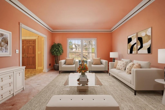 living room featuring light colored carpet, baseboards, and ornamental molding